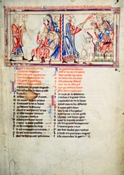 Thomas a Becket pronounces the sentence of excommunication on his enemies and argues his case before King Henry II of England, and King Louis VII of France, from the Becket Leaves, c.1220-40